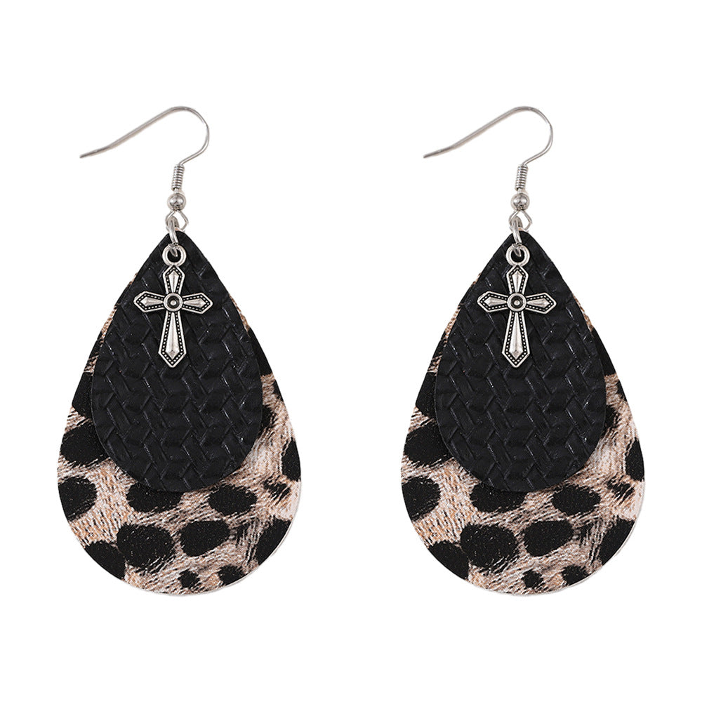 Wholesale Western style leopard print double-layer teardrop cross PU earrings